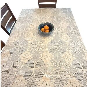 VTG Handmade Crochet Lace Tablecloth 76x58 Beige Floral Rose Rectangle Cottage
